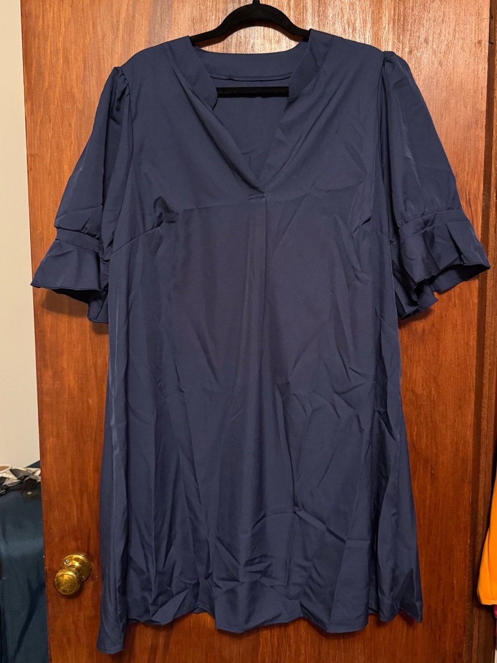 Women’s Plus Size Navy Blue Business Casual Ruffle Sleeve Dress 3XL